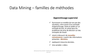 Apprentissage supervisé
 fournissent un modèle (et non pas des
résultats), créé à partir d’un entrepôt
d’apprentissage, testé et validé sur un
entrepôt de test, et utilisé dans les
problèmes de prise de décision sur des
entrepôts de travail.
 visent à découvrir de nouvelles
connaissances à partir des informations
présentes : décisions.
 expliquent mieux les données.
 Une variable « cible».
Data Mining – familles de méthodes
Mohamed Heny SELMI © Méthodes Décisionnelles pour la
Sécurité
 