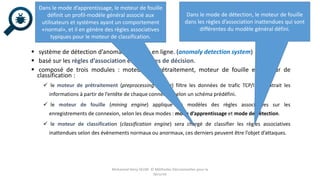  système de détection d’anomalies réseau en ligne. (anomaly detection system)
 basé sur les règles d’association et les arbres de décision.
 composé de trois modules : moteur du prétraitement, moteur de fouille et moteur de
classification :
 le moteur de prétraitement (preprocessing engine) filtre les données de trafic TCP/IP et extrait les
informations à partir de l’entête de chaque connexion selon un schéma prédéfini.
 le moteur de fouille (mining engine) applique les modèles des règles associatives sur les
enregistrements de connexion, selon les deux modes : mode d’apprentissage et mode de détection.
 le moteur de classification (classification engine) sera chargé de classifier les règles associatives
inattendues selon des évènements normaux ou anormaux, ces derniers peuvent être l’objet d’attaques.
Mohamed Heny SELMI © Méthodes Décisionnelles pour la
Sécurité
Dans le mode d’apprentissage, le moteur de fouille
définit un profil-modèle général associé aux
utilisateurs et systèmes ayant un comportement
«normal», et il en génère des règles associatives
typiques pour le moteur de classification.
Dans le mode de détection, le moteur de fouille
dans les règles d’association inattendues qui sont
différentes du modèle général défini.
 