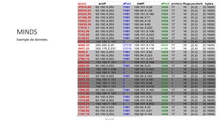 MINDS
Exemple de données
Mohamed Heny SELMI © Méthodes Décisionnelles pour la
Sécurité
score srcIP sPort dstIP dPort protocolflags packets bytes
37674,69 63.150.X.253 1161 128.101.X.29 1434 17 16 [0,2) [0,1829)
26676,62 63.150.X.253 1161 160.94.X.134 1434 17 16 [0,2) [0,1829)
24323,55 63.150.X.253 1161 128.101.X.185 1434 17 16 [0,2) [0,1829)
21169,49 63.150.X.253 1161 160.94.X.71 1434 17 16 [0,2) [0,1829)
19525,31 63.150.X.253 1161 160.94.X.19 1434 17 16 [0,2) [0,1829)
19235,39 63.150.X.253 1161 160.94.X.80 1434 17 16 [0,2) [0,1829)
17679,1 63.150.X.253 1161 160.94.X.220 1434 17 16 [0,2) [0,1829)
8183,58 63.150.X.253 1161 128.101.X.108 1434 17 16 [0,2) [0,1829)
7142,98 63.150.X.253 1161 128.101.X.223 1434 17 16 [0,2) [0,1829)
5139,01 63.150.X.253 1161 128.101.X.142 1434 17 16 [0,2) [0,1829)
4048,49 142.150.Y.101 0 128.101.X.127 2048 1 16 [2,4) [0,1829)
4008,35 200.250.Z.20 27016 128.101.X.116 4629 17 16 [2,4) [0,1829)
3657,23 202.175.Z.237 27016 128.101.X.116 4148 17 16 [2,4) [0,1829)
3450,9 63.150.X.253 1161 128.101.X.62 1434 17 16 [0,2) [0,1829)
3327,98 63.150.X.253 1161 160.94.X.223 1434 17 16 [0,2) [0,1829)
2796,13 63.150.X.253 1161 128.101.X.241 1434 17 16 [0,2) [0,1829)
2693,88 142.150.Y.101 0 128.101.X.168 2048 1 16 [2,4) [0,1829)
2683,05 63.150.X.253 1161 160.94.X.43 1434 17 16 [0,2) [0,1829)
2444,16 142.150.Y.236 0 128.101.X.240 2048 1 16 [2,4) [0,1829)
2385,42 142.150.Y.101 0 128.101.X.45 2048 1 16 [0,2) [0,1829)
2114,41 63.150.X.253 1161 160.94.X.183 1434 17 16 [0,2) [0,1829)
2057,15 142.150.Y.101 0 128.101.X.161 2048 1 16 [0,2) [0,1829)
1919,54 142.150.Y.101 0 128.101.X.99 2048 1 16 [2,4) [0,1829)
1634,38 142.150.Y.101 0 128.101.X.219 2048 1 16 [2,4) [0,1829)
1596,26 63.150.X.253 1161 128.101.X.160 1434 17 16 [0,2) [0,1829)
1513,96 142.150.Y.107 0 128.101.X.2 2048 1 16 [0,2) [0,1829)
1389,09 63.150.X.253 1161 128.101.X.30 1434 17 16 [0,2) [0,1829)
1315,88 63.150.X.253 1161 128.101.X.40 1434 17 16 [0,2) [0,1829)
1279,75 142.150.Y.103 0 128.101.X.202 2048 1 16 [0,2) [0,1829)
1237,97 63.150.X.253 1161 160.94.X.32 1434 17 16 [0,2) [0,1829)
1180,82 63.150.X.253 1161 128.101.X.61 1434 17 16 [0,2) [0,1829)
1107,78 63.150.X.253 1161 160.94.X.154 1434 17 16 [0,2) [0,1829)
 