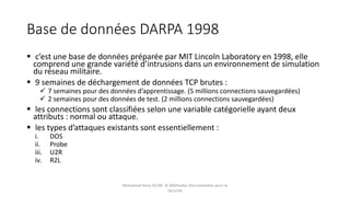 Base de données DARPA 1998
 c’est une base de données préparée par MIT Lincoln Laboratory en 1998, elle
comprend une grande variété d’intrusions dans un environnement de simulation
du réseau militaire.
 9 semaines de déchargement de données TCP brutes :
 7 semaines pour des données d’apprentissage. (5 millions connections sauvegardées)
 2 semaines pour des données de test. (2 millions connections sauvegardées)
 les connections sont classifiées selon une variable catégorielle ayant deux
attributs : normal ou attaque.
 les types d’attaques existants sont essentiellement :
i. DOS
ii. Probe
iii. U2R
iv. R2L
Mohamed Heny SELMI © Méthodes Décisionnelles pour la
Sécurité
 