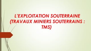 L’EXPLOITATION SOUTERRAINE
(TRAVAUX MINIERS SOUTERRAINS :
TMS)
 