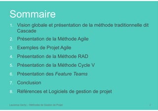 Sommaire
Laurence Genty – Méthodes de Gestion de Projet 2
1. Vision globale et présentation de la méthode traditionnelle dit
Cascade
2. Présentation de la Méthode Agile
3. Exemples de Projet Agile
4. Présentation de la Méthode RAD
5. Présentation de la Méthode Cycle V
6. Présentation des Feature Teams
7. Conclusion
8. Références et Logiciels de gestion de projet
 