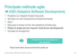 Principale méthode agile
Laurence Genty – Méthodes de Gestion de Projet 29
• Focaliser sur l’objectif (mission focused)
• Se baser sur des composants (component-based)
• Itérer
• Découper le temps et fixer des deadlines (timeboxing)
• Piloter le projet par les risques* (risk-driven development)
• Accepter le changement
*Product owner absent, des erreurs dans les flux codées, etc.
Fonctionner en mode beta en
permanence
ASD (Adaptive Software Development)
 