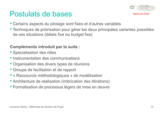 Postulats de bases
Laurence Genty – Méthodes de Gestion de Projet 35
• Certains aspects du pilotage sont fixes et d’autres variables
• Techniques de priorisation pour gérer les deux principales variantes possibles
de ces situations (délais fixe ou budget fixe)
Compléments introduit par la suite :
• Spécialisation des rôles
• Instrumentation des communications
• Organisation des divers types de réunions
• Groupe de facilitation et de rapport
• « Raccourcis méthodologiques » de modélisation
• Architecture de réalisation (imbrication des itérations)
• Formalisation de processus légers de mise en œuvre
Méthode RAD
 