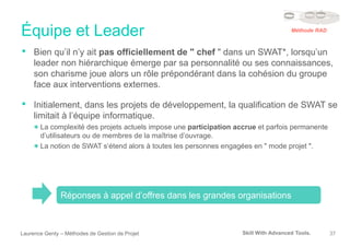 Équipe et Leader
Laurence Genty – Méthodes de Gestion de Projet 37
• Bien qu’il n’y ait pas officiellement de " chef " dans un SWAT*, lorsqu’un
leader non hiérarchique émerge par sa personnalité ou ses connaissances,
son charisme joue alors un rôle prépondérant dans la cohésion du groupe
face aux interventions externes.
• Initialement, dans les projets de développement, la qualification de SWAT se
limitait à l’équipe informatique.
La complexité des projets actuels impose une participation accrue et parfois permanente
d’utilisateurs ou de membres de la maîtrise d’ouvrage.
La notion de SWAT s’étend alors à toutes les personnes engagées en " mode projet ".
Réponses à appel d’offres dans les grandes organisations
Méthode RAD
Skill With Advanced Tools.
 