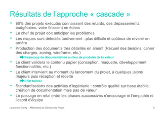 Résultats de l’approche « cascade »
Laurence Genty – Méthodes de Gestion de Projet 8
• 80% des projets exécutés connaissent des retards, des dépassements
budgétaires, voire finissent en échec
• Le chef de projet doit anticiper les problèmes
• Les risques sont détectés tardivement : plus difficile et coûteux de revenir en
arrière
• Production des documents très détaillés en amont (Recueil des besoins, cahier
des charges, zoning, wireframe, etc.)
• Beaucoup de documentation au lieu de produire de la valeur
• Le client validera le contenu papier (conception, maquette, développement
fonctionnalités, etc.)
• Le client intervient au moment du lancement du projet, à quelques jalons
majeurs puis réception et recette
• Effet tunnel
• Standardisations des activités d’ingénierie : contrôle qualité sur base établie,
création de documentation mais pas de valeur
• Le passage en relai entre les phases successives n’encourage ni l’empathie ni
l’esprit d’équipe
 