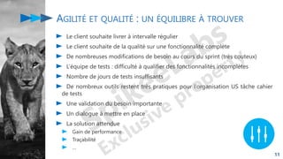 AGILITÉ ET QUALITÉ : UN ÉQUILIBRE À TROUVER
Le client souhaite livrer à intervalle régulier
Le client souhaite de la qualité sur une fonctionnalité complète
De nombreuses modifications de besoin au cours du sprint (très couteux)
L’équipe de tests : difficulté à qualifier des fonctionnalités incomplètes
Nombre de jours de tests insuffisants
De nombreux outils restent très pratiques pour l’organisation US tâche cahier
de tests
Une validation du besoin importante
Un dialogue à mettre en place
La solution attendue
Gain de performance
Traçabilité
…
11
 