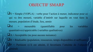 OBJECTIF SMARP
S = Simple (VOPLA) : verbe pour l’action à mener, indicateur pour ce
qui va être mesuré, variable d’intérêt sur laquelle on veut faire la
mesure, population d’étude, lieu, année
M = mesurable (quantifiable pour les variables
quantitatives)/appréciable (variables qualitatives)
A = Acceptable (ne pose aucune nuisance)
R = Réalisable (population, ressources, temps disponibles et suffisants)
P = Pertinent (s’il est atteint, il favorisera l’atteinte de l’objectif
général)
 