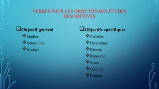 VERBES POUR LES OBJECTIFS DES ÉTUDES
DESCRIPTIVES
Objectif général
Etudier
Déterminer
Evaluer
Objectifs spécifiques
Calculer
Déterminer
Décrire
Rapporter
Coter
Décliner
Estimer
 