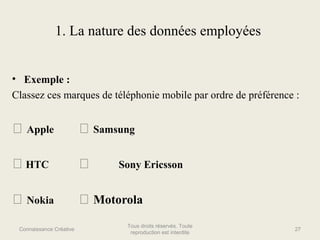 1. La nature des données employées
• Exemple :
Classez ces marques de téléphonie mobile par ordre de préférence :

 Apple...