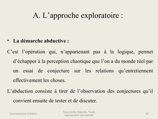 A. L’approche exploratoire :
• La démarche abductive :
C’est l’opération qui, n’appartenant pas à la logique, permet
d’éch...
