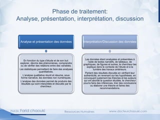 Phase de traitement:
Analyse, présentation, interprétation, discussion
Analyse et présentation des données
En fonction du type d’étude et de son but:
explorer, décrire des phénomènes, comprendre
ou de vérifier des relations entre des variables.
Les statistiques permettent de faire des analyses
quantitatives.
L’analyse qualitative réunit et résume, sous
forme narrative, les données non numériques.
L’analyse des données permet de produire des
résultats qui sont interprétés et discutés par le
chercheur.
Interprétation/Discussion des données
Les données étant analysées et présentées à
l’aide de textes narratifs, de tableaux, de
graphiques, de figures et autres, le chercheur les
explique dans le contexte de l’étude et à la
lumière des travaux antérieurs.
Partant des résultats discutés en vérifiant leur
authenticité, en revenant sur les hypothèses, en
convoquant justement les théories et les auteurs
qui ont abordé la question étudiée, le chercheur
pourra faire des inférences, tirer des conclusions
ou élaborer une théorie et faires des
recommandations.
 