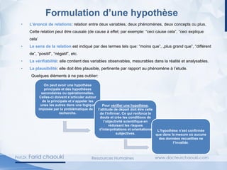 Formulation d’une hypothèse
• L’énoncé de relations: relation entre deux variables, deux phénomènes, deux concepts ou plus.
Cette relation peut être causale (de cause à effet; par exemple: “ceci cause cela”, “ceci explique
cela’
• Le sens de la relation est indiqué par des termes tels que: “moins que”, „plus grand que”, “différent
de”, “positif”, “négatif”, etc.
• La vérifiabilité: elle contient des variables observables, mesurables dans la réalité et analysables.
• La plausibilité: elle doit être plausible, pertinente par rapport au phénomène à l’étude.
Quelques éléments à ne pas oublier:
On peut avoir une hypothèse
principale et des hypothèses
secondaires ou opérationnelles.
Celles-ci doivent s’articuler autour
de la principale et s’appeler les
unes les autres dans une logique
imposée par la problématique de la
recherche.
Pour vérifier une hypothèse,
l’attitude de départ doit être celle
de l’infirmer. Ce qui renforce le
doute et crée les conditions de
l’objectivité scientifique en
réduisant les risques
d’interprétations et orientations
subjectives.
L’hypothèse n’est confirmée
que dans la mesure où aucune
des données recueillies ne
l’invalide.
 