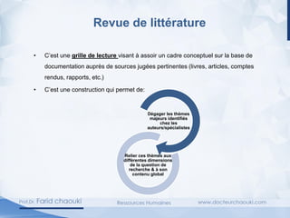 Revue de littérature
• C’est une grille de lecture visant à assoir un cadre conceptuel sur la base de
documentation auprès de sources jugées pertinentes (livres, articles, comptes
rendus, rapports, etc.)
• C’est une construction qui permet de:
Dégager les thèmes
majeurs identifiés
chez les
auteurs/spécialistes
Relier ces thèmes aux
différentes dimensions
de la question de
recherche & à son
contenu global
 