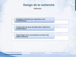 Design de la recherche
Définition
Stratégie entreprise pour répondre à une
problématique
Construction de sens articulée selon l’objet et la
problématique
Organisation de la connaissance à travers des
étapes réflexives
 