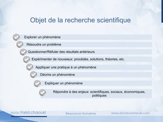 Objet de la recherche scientifique
Explorer un phénomène
Résoudre un problème
Questionner/Réfuter des résultats antérieurs
Expérimenter de nouveaux: procédés, solutions, théories, etc.
Appliquer une pratique à un phénomène
Décrire un phénomène
Expliquer un phénomène
Répondre à des enjeux: scientifiques, sociaux, économiques,
politiques
 