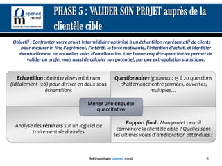 Objectif : Confronter votre projet intermédiaire optimisé à un échantillon représentatif de clients
     pour mesurer in fine l’agrément, l’intérêt, la force motivante, l’intention d’achat, et identifier
    éventuellement de nouvelles voies d’amélioration. Une bonne enquête quantitative permet de
        valider un projet mais aussi de calculer son potentiel, par une extrapolation statistique.


   Echantillon : 60 interviews minimum                Questionnaire rigoureux : 15 à 20 questions
(idéalement 120) pour diviser en deux sous              alternance entre fermées, ouvertes,
                échantillons                                         multiples…

                                       Mener une enquête
                                          quantitative

                                                           Rapport final : Mon projet peut-il
  Analyse des résultats sur un logiciel de
                                                      convaincre la clientèle cible ? Quelles sont
         traitement de données
                                                     les ultimes voies d’amélioration attendues ?



                                        Méthodologie opened mind                                    8
 