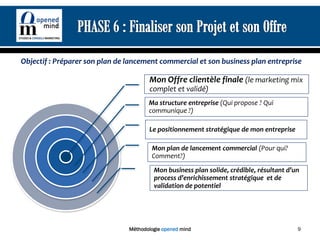 Objectif : Préparer son plan de lancement commercial et son business plan entreprise

                                       Mon Offre clientèle finale (le marketing mix
                                       complet et validé)
                                       Ma structure entreprise (Qui propose ? Qui
                                       communique ?)

                                       Le positionnement stratégique de mon entreprise

                                        Mon plan de lancement commercial (Pour qui?
                                        Comment?)
                                         Mon business plan solide, crédible, résultant d’un
                                         process d’enrichissement stratégique et de
                                         validation de potentiel




                                Méthodologie opened mind                                  9
 