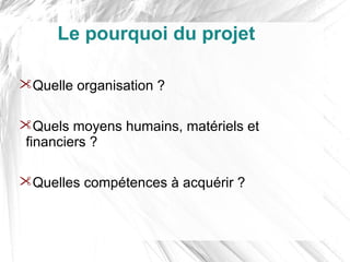 Le pourquoi du projet

Quelle organisation ?

Quels moyens humains, matériels et
financiers ?

Quelles compétences à acquérir ?
 