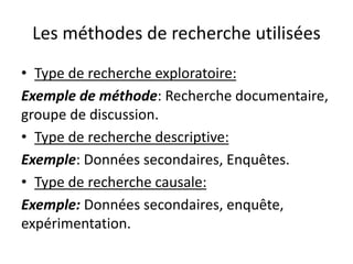 Les méthodes de recherche utilisées
• Type de recherche exploratoire:
Exemple de méthode: Recherche documentaire,
groupe de discussion.
• Type de recherche descriptive:
Exemple: Données secondaires, Enquêtes.
• Type de recherche causale:
Exemple: Données secondaires, enquête,
expérimentation.
 