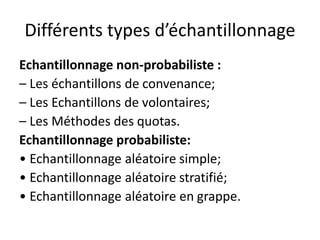 Différents types d’échantillonnage
Echantillonnage non-probabiliste :
– Les échantillons de convenance;
– Les Echantillons de volontaires;
– Les Méthodes des quotas.
Echantillonnage probabiliste:
• Echantillonnage aléatoire simple;
• Echantillonnage aléatoire stratifié;
• Echantillonnage aléatoire en grappe.
 