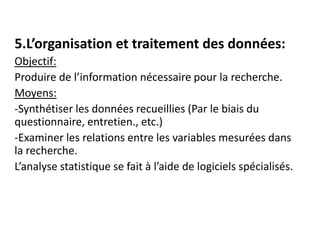 5.L’organisation et traitement des données:
Objectif:
Produire de l’information nécessaire pour la recherche.
Moyens:
-Synthétiser les données recueillies (Par le biais du
questionnaire, entretien., etc.)
-Examiner les relations entre les variables mesurées dans
la recherche.
L’analyse statistique se fait à l’aide de logiciels spécialisés.
 