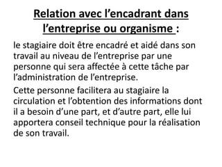 Relation avec l’encadrant dans
l’entreprise ou organisme :
le stagiaire doit être encadré et aidé dans son
travail au niveau de l’entreprise par une
personne qui sera affectée à cette tâche par
l’administration de l’entreprise.
Cette personne facilitera au stagiaire la
circulation et l’obtention des informations dont
il a besoin d’une part, et d’autre part, elle lui
apportera conseil technique pour la réalisation
de son travail.
 