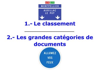 1.- Le classement
2.- Les grandes catégories de
documents
 