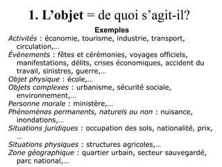 1. L’objet = de quoi s’agit-il?
Exemples
Activités : économie, tourisme, industrie, transport,
circulation,…
Évènements : fêtes et cérémonies, voyages officiels,
manifestations, délits, crises économiques, accident du
travail, sinistres, guerre,…
Objet physique : école,…
Objets complexes : urbanisme, sécurité sociale,
environnement,…
Personne morale : ministère,…
Phénomènes permanents, naturels ou non : nuisance,
inondations,…
Situations juridiques : occupation des sols, nationalité, prix,
…
Situations physiques : structures agricoles,…
Zone géographique : quartier urbain, secteur sauvegardé,
parc national,…
 
