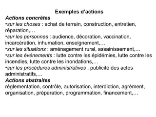 Exemples d’actions
Actions concrètes
•sur les choses : achat de terrain, construction, entretien,
réparation,…
•sur les personnes : audience, décoration, vaccination,
incarcération, inhumation, enseignement,…
•sur les situations : aménagement rural, assainissement,…
•sur les événements : lutte contre les épidémies, lutte contre les
incendies, lutte contre les inondations,…
•sur les procédures administratives : publicité des actes
administratifs,…
Actions abstraites
réglementation, contrôle, autorisation, interdiction, agrément,
organisation, préparation, programmation, financement,…
 