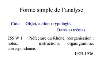 Forme simple de l’analyse
Cote Objet, action : typologie.
Dates extrêmes
255 W 1 Préfecture du Rhône, réorganisation :
notes, instructions, organigramme,
correspondance.
1925-1936
 
