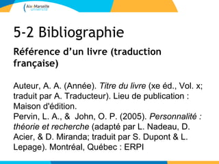 5-2 Bibliographie
Référence d’un livre (traduction
française)

Auteur, A. A. (Année). Titre du livre (xe éd., Vol. x;
traduit par A. Traducteur). Lieu de publication :
Maison d'édition.
Pervin, L. A., & John, O. P. (2005). Personnalité :
théorie et recherche (adapté par L. Nadeau, D.
Acier, & D. Miranda; traduit par S. Dupont & L.
Lepage). Montréal, Québec : ERPI
 