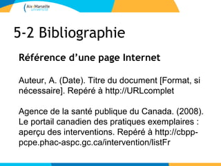 5-2 Bibliographie
Référence d’une page Internet

Auteur, A. (Date). Titre du document [Format, si
nécessaire]. Repéré à http://URLcomplet

Agence de la santé publique du Canada. (2008).
Le portail canadien des pratiques exemplaires :
aperçu des interventions. Repéré à http://cbpp-
pcpe.phac-aspc.gc.ca/intervention/listFr
 