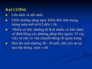 ÑAÏI CÖÔNG
 Lôùn nhaát vaø daøi nhaát
 Chaán thöông naëng nguy hieåm ñeán tính maïng,
löôïng maùu maát töø 0,5 ñeán 1 lít.
 Nhieàu cô lôùn -thöôøng bò leäch nhieàu vaø khoù ñöôïc
coá ñònh baèng caùc phöông phaùp beân ngoaøi. Vì vaäy
vieäc sô cöùu vaø vaän chuyeån ñuùng raát quan troïng.
 Moïi löùa tuoåi thöôøng 20 - 30 tuoåi, chuû yeáu do tai
naïn löu thoâng, nam > nöõ.
 