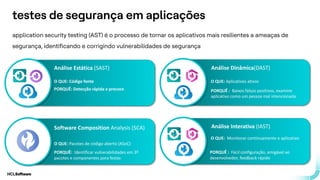.
.
testes de segurança em aplicações
application security testing (AST) é o processo de tornar os aplicativos mais resilientes a ameaças de
segurança, identificando e corrigindo vulnerabilidades de segurança
Análise Interativa (IAST)
Software Composition Analysis (SCA)
O QUE: Monitorar continuamente o aplicativo
O QUE: Pacotes de código aberto (ASoC)
Análise Dinâmica(DAST)
O QUE: Aplicativos ativos
Análise Estática (SAST)
O QUE: Código fonte
PORQUÊ: Detecção rápida e precoce
PORQUÊ: Identificar vulnerabilidades em 3º
pacotes e componentes para festas
PORQUÊ : Baixos falsos positivos, examine
aplicativo como um pessoa mal intencionada
PORQUÊ : Fácil configuração, amigável ao
desenvolvedor, feedback rápido
 
