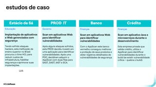 .
.
estudos de caso
Estácio de Sá
Educação
Implantação de aplicativos
e Web gerenciados com
segurança
Tendo sofrido ataques
hackers, esta instituição de
ensino superior no Brasil
procurou o time HCL para
reduzir custos de
infraestrutura, habilitar
segurança e aprimorar suas
implantações.
PROD IT
Governo
Scan em aplicativos Web
para identificar
vulnerabilidades
Após alguns ataques sofridos,
esta PROD decidiu investir em
uma aplicação para identificar
vulnerabilidades. Após uma
POC, decidiram adquirir o
AppScan com duas filas para
SAST, DAST, IAST e SCA.
Banco
Finanças
Scan em aplicativos Web
para identificar
vulnerabilidades
Com o AppScan este banco
vermelho conseguiu melhorar
a proteção de seus produtos e
obter registros detalhados de
vulnerabilidades de segurança.
Crédito
Finanças
Scan em aplicativo Java e
microserviços durante o
desenvolvimento
Esta empresa privada que
valida crédito, utiliza o
AppScan para identificar
vulnerabilidades durante o
build (se existir vulnerabilidade
crítica – quebra o build).
Link
 