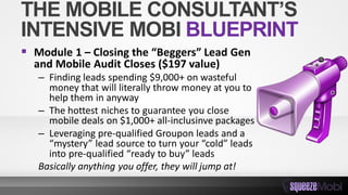 THE MOBILE CONSULTANT’S
INTENSIVE MOBI BLUEPRINT
 Module 1 – Closing the “Beggers” Lead Gen
and Mobile Audit Closes ($197 value)
– Finding leads spending $9,000+ on wasteful
money that will literally throw money at you to
help them in anyway
– The hottest niches to guarantee you close
mobile deals on $1,000+ all-inclusinve packages
– Leveraging pre-qualified Groupon leads and a
“mystery” lead source to turn your “cold” leads
into pre-qualified “ready to buy” leads
Basically anything you offer, they will jump at!
 