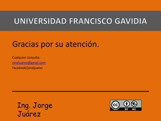Gracias por su atención.
Cualquier consulta:
joraljuarez@gmail.com
Facebook/joraljuarez
Ing. Jorge
Juárez
 