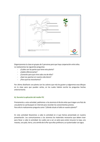 Organizaremos la clase en grupos de 5 personas para que haya cooperación entre ellos.
Le realizaremos las siguientes preguntas:
- ¿Cuáles son las partes que tiene esta planta?
- ¿Sabéis diferenciarlas?
- ¿Conocéis para que sirve cada una de ellas?
- ¿Qué nos aportan en nuestra vida diaria?
- ¿Para qué las necesitamos?
Por último diseñarán una planta con los colores que más les gusten y colgaremos esos dibujos
en la clase para que puedan verlos, en los cuales habrán escrito las preguntas hechas
anteriormente.
b). Durante la aplicación del medio-TIC
Previamente a esta actividad, pediremos a los alumnos el día de antes que traigan una foto de
una planta la cual busquen en internet para recordar los conocimientos previos.
Para ello le realizaremos pregunta como “¿Dónde situáis el tallo en vuestra planta?”
En esta actividad llevaremos a cabo la actividad en sí que hemos presentado en nuestra
presentación. Les comunicaremos a los alumnos los materiales necesarios que deben traer
para llevar a cabo la actividad, los cuáles van a ser un peto para evitar ensuciar la ropa, una
maceta, una pala, tierra, una semilla de la flor que ellos prefieran y un pulverizador con agua.
 