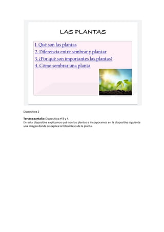 Diapositiva 2
Tercera pantalla:​ Diapositiva nº3 y 4.
En esta diapositiva explicamos qué son las plantas e incorporamos en la diapositiva siguiente
una imagen donde se explica la fotosíntesis de la planta.
 