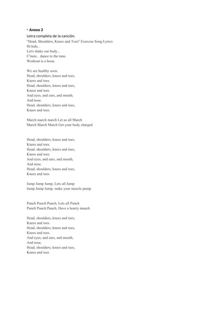 · Anexo 2
Letra completa de la canción.
"Head, Shoulders, Knees and Toes" Exercise Song Lyrics:
Hi kids...
Let's shake our body...
C'mon... dance to the tune.
Workout is a boon.
We are healthy soon.
Head, shoulders, knees and toes,
Knees and toes.
Head, shoulders, knees and toes,
Knees and toes.
And eyes, and ears, and mouth,
And nose.
Head, shoulders, knees and toes,
Knees and toes.
March march march Let us all March
March March March Get your body charged
Head, shoulders, knees and toes,
Knees and toes.
Head, shoulders, knees and toes,
Knees and toes.
And eyes, and ears, and mouth,
And nose.
Head, shoulders, knees and toes,
Knees and toes.
Jump Jump Jump, Lets all Jump
Jump Jump Jump, make your muscle pump
Punch Punch Punch, Lets all Punch
Punch Punch Punch, Have a hearty munch
Head, shoulders, knees and toes,
Knees and toes.
Head, shoulders, knees and toes,
Knees and toes.
And eyes, and ears, and mouth,
And nose.
Head, shoulders, knees and toes,
Knees and toes
 