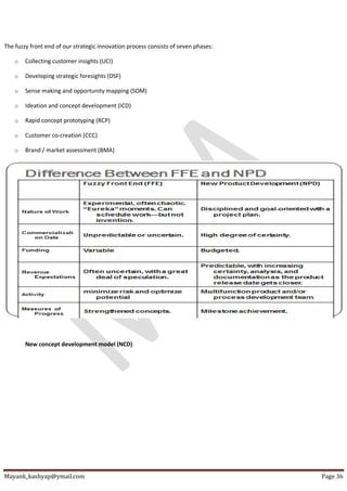 Mayank_kashyap@ymail.com Page 36
The fuzzy front end of our strategic innovation process consists of seven phases:
o Collecting customer insights (UCI)
o Developing strategic foresights (DSF)
o Sense making and opportunity mapping (SOM)
o Ideation and concept development (ICD)
o Rapid concept prototyping (RCP)
o Customer co-creation (CCC)
o Brand / market assessment (BMA)
New concept development model (NCD)
 