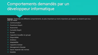 Comportements demandés par un
développeur informatique
Exercice : Ordonnez ces différents comportements, du plus important au moins important, par rapport au ressenti que vous
avez du métier
 Communication
 Ouverture d’esprit
 Autonomie
 Curiosité d’esprit
 Ecoute
 Capacité à travailler en groupe
 Disponibilité
 Ambition
 Adaptabilité
 Capacité à évoluer
 Management d’équipe
 Savoir respecter des normes
 Mobilité
 