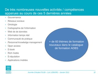 De très nombreuses nouvelles activités / compétences apparues au cours de ces 5 dernières années Gouvernance Réseaux sociaux Ontologie Cartographie de l’information Web de de données Information temps réel Communauté de pratique Personnal knowledge management Open access E-book Rich media E-réputation Applications mobiles + de 60 thèmes de formation nouveaux dans le catalogue  de formation ADBS 