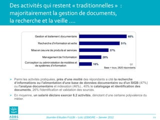 Des activités qui restent « traditionnelles »  :  majoritairement la gestion de documents,  la recherche et la veille …. Parmi les activités pratiquées,  près d'une moitié  des répondants a cité  la recherche d’informations ou l'alimentation d'une base de données documentaire ou d'un SIGB  (47%) ou  l'analyse documentaire  et indexation (46%) , 40% le  catalogage et identification des documents , 26% l'identification et validation des sources. En moyenne,  un salarié déclare exercer 6.2 activités , dénotant d’une certaine polyvalence du métier.  Q2 