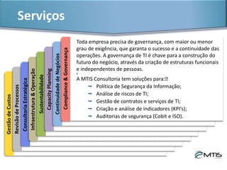 Serviços & ProdutosSegurançadaInformação
Toda empresa precisa de governança, com maior ou menor grau de exigência,
para garantir a segurança, o sucesso e a continuidade das operações. A
governança de TI é a base para a criação de estruturas funcionais e
independentes de pessoas. Processos bem estruturados são chaves para a
solidez das estruturas. A MTIS Consultoria tem soluções que incluem:​﻿
 Política de Segurança da Informação;
 Análise de riscos de TI;
 Gestão de contratos e serviços de TI;
 Criação e análise de indicadores (KPI’s);
 Auditorias de segurança (Cobit e ISO).
 