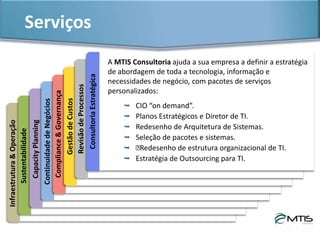 Serviços & ProdutosConsultoriaEstratégica
A MTIS Consultoria ajuda a sua empresa a definir a melhor estratégia
de tecnologia e de informação para atender às necessidades de negócio,
com pacotes de serviço personalizados:
​
 CIO on demand;
 Planos Estratégicos e Diretor de TI;
 Redesenho de Arquitetura de Sistemas;
 Seleção de pacotes e sistemas;
 ﻿Redesenho de estrutura organizacional de TI;
 Estratégia de Outsourcing para TI.
 