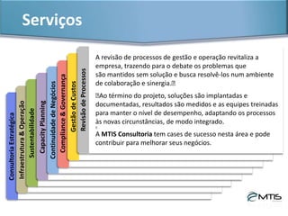 Serviços & ProdutosGestãodeProjetos
Projetos viabilizam mudanças nas
empresas. O ambiente de negócios é
altamente competitivo e para quem quer
se destacar é preciso inovar. Lançar
novos produtos, criar novos processos,
entender as necessidades de seu público
interno e externo. A MTIS Consultoria
tem know-how para organizar, minimizar
riscos, otimizar recursos e satisfazer
clientes através da gestão eficiente de
projetos.
 