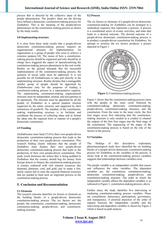 International Journal of Science and Research (IJSR), India Online ISSN: 2319-7064
Volume 2 Issue 8, August 2013
www.ijsr.net
process that is directed by the collective ideas of the
people phenomenon. The people's ideas are the driving
force behind a democratic constitution-making process for
Zimbabwe. This is the meaning of the people-driven
phenomenon on the constitution making process as shown
by the study results.
4.8 Implementing structure
It is clear from these study results that a people-driven
democratic constitution-making process requires an
organizational structure for implementation. An
organization is a group of people who exist to achieve a
common purpose [4]. The issues of how a constitution-
making process should be organized and who should be in
charge have triggered the aspect of operationalizing the
constitution-making process phenomena in the real world.
Reality on the ground demands that for successful
implementation of the constitution-making process, the
question of social order must be addressed. It is not
possible for all Zimbabweans to take part directly in the
implementing structure. Reality dictates that a manageable
smaller group of people should be appointed by
Zimbabweans only for the purposes of leading a
constitution-making process in a representative capacity.
The implementing constitution-making organizational
structure must be independent, neutral, and non partisan in
its operations. The structure must be appointed by all the
people of Zimbabwe at a special purpose election
organized by the entire citizenry and supported by their
institutions of goodwill. The mandate of the constitution-
making implementing structure is to facilitate and
coordinate the process of collecting ideas and to format
the ideas into the required form or manner of a people's
democratic constitution.
4.9 Funding
Zimbabweans must fund (73.6%) their own people-driven
democratic constitution-making process that leads to the
production of their own people-driven constitution. This
research finding clearly indicates that the people of
Zimbabwe must finance their own people-driven
democratic constitution-making process that leads to the
production of their own people-driven constitution. This
study result dismisses the notion that is being peddled in
Zimbabwe that the country should beg for money from
foreign donors to finance the constitution-making process.
A country endowed with rich mineral resources like
diamond, platinum, coal, and gold, just to name a few,
surely cannot fail to raise the required financial resources
that are needed to fund such an important process as the
constitution-making process.
5. Conclusion and Recommendation
5.1 Elements
The research outcome identifies six factors or elements as
the building blocks of a people-driven democratic
constitution-making process. The six factors are: the
people; the constitution; constitution-making; democratic
constitution-making; people-driven; and constitution-
making structure.
5.2 Process
The six factors or elements of a people-driven democratic
constitution-making for Zimbabwe can be arranged in a
methodical sequence that represents a process. A process
is a coordinated series of events, activities, and tasks that
leads to a desired outcome. The desired outcome of a
people-driven democratic constitution-making process is
to produce a people-driven constitution for Zimbabwe. An
attempt to serialize the six factors produces a picture
depicted in Figure 1.
Figure 1: Constitution-making process
Figure 1 shows that the constitution-making process starts
with the people in the outer circle followed by
constitution-making; democratic constitution-making;
people-driven; constitution-making structure; and the
constitution. From the outer to the inner circle, the first
four stages occur first indicating that the constitution-
making structure is only needed as a conduit to channel
the outputs of the first four stages into the final stage of
the constitution. The sequencing of the stages of the
constitution-making process is based on the role of the
factors in the process.
5.3 Variables
The findings of this descriptive exploratory
phenomenological study have identified the six building
blocks of a people-driven democratic constitution-making
process for Zimbabwe as the variables of the process. A
closer look at the constitution-making process variables
suggests that relationships between variables exist.
The people variable is an independent variable that causes
and influences the other variables. The dependent
variables are: the constitution; constitution-making;
democratic constitution-making; people-driven; and
constitution-making structure. The order in which the
independent variable affects the dependent variables is as
indicated in Figure 1: constitution-making process, above.
Further more, the study identifies five intervening or
mediating constitution-making process variables. These
are consultation, democracy, participation, governance,
and transparency. A pictorial depiction of the order of
impacts between the independent variable and the
intervening and dependent variables is shown by Figure 2
which is based on path analysis.
14
 