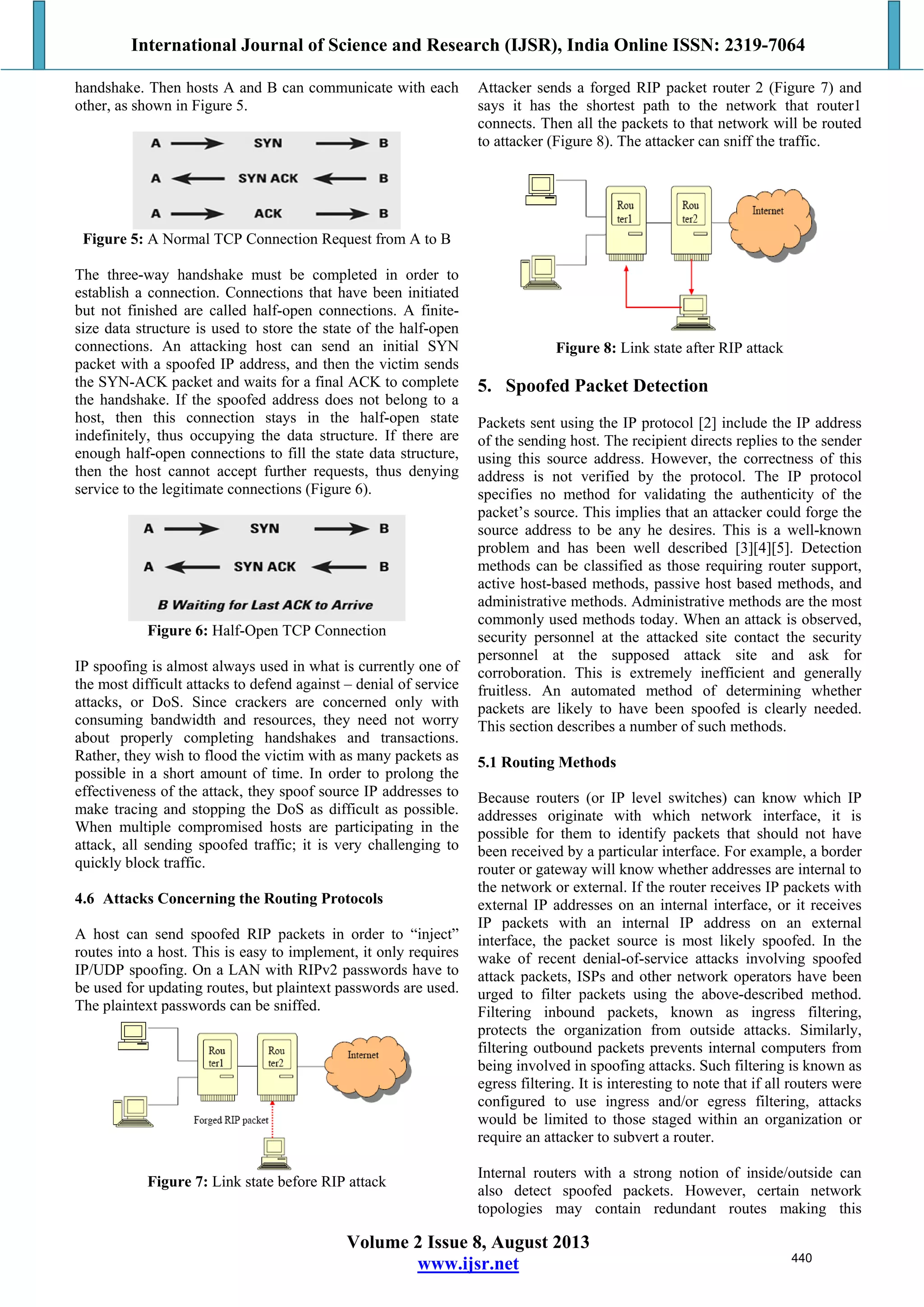 International Journal of Science and Research (IJSR), India Online ISSN: 2319-7064
Volume 2 Issue 8, August 2013
www.ijsr.net
handshake. Then hosts A and B can communicate with each
other, as shown in Figure 5.
Figure 5: A Normal TCP Connection Request from A to B
The three-way handshake must be completed in order to
establish a connection. Connections that have been initiated
but not finished are called half-open connections. A finite-
size data structure is used to store the state of the half-open
connections. An attacking host can send an initial SYN
packet with a spoofed IP address, and then the victim sends
the SYN-ACK packet and waits for a final ACK to complete
the handshake. If the spoofed address does not belong to a
host, then this connection stays in the half-open state
indefinitely, thus occupying the data structure. If there are
enough half-open connections to fill the state data structure,
then the host cannot accept further requests, thus denying
service to the legitimate connections (Figure 6).
Figure 6: Half-Open TCP Connection
IP spoofing is almost always used in what is currently one of
the most difficult attacks to defend against – denial of service
attacks, or DoS. Since crackers are concerned only with
consuming bandwidth and resources, they need not worry
about properly completing handshakes and transactions.
Rather, they wish to flood the victim with as many packets as
possible in a short amount of time. In order to prolong the
effectiveness of the attack, they spoof source IP addresses to
make tracing and stopping the DoS as difficult as possible.
When multiple compromised hosts are participating in the
attack, all sending spoofed traffic; it is very challenging to
quickly block traffic.
4.6 Attacks Concerning the Routing Protocols
A host can send spoofed RIP packets in order to “inject”
routes into a host. This is easy to implement, it only requires
IP/UDP spoofing. On a LAN with RIPv2 passwords have to
be used for updating routes, but plaintext passwords are used.
The plaintext passwords can be sniffed.
Figure 7: Link state before RIP attack
Attacker sends a forged RIP packet router 2 (Figure 7) and
says it has the shortest path to the network that router1
connects. Then all the packets to that network will be routed
to attacker (Figure 8). The attacker can sniff the traffic.
Figure 8: Link state after RIP attack
5. Spoofed Packet Detection
Packets sent using the IP protocol [2] include the IP address
of the sending host. The recipient directs replies to the sender
using this source address. However, the correctness of this
address is not verified by the protocol. The IP protocol
specifies no method for validating the authenticity of the
packet’s source. This implies that an attacker could forge the
source address to be any he desires. This is a well-known
problem and has been well described [3][4][5]. Detection
methods can be classified as those requiring router support,
active host-based methods, passive host based methods, and
administrative methods. Administrative methods are the most
commonly used methods today. When an attack is observed,
security personnel at the attacked site contact the security
personnel at the supposed attack site and ask for
corroboration. This is extremely inefficient and generally
fruitless. An automated method of determining whether
packets are likely to have been spoofed is clearly needed.
This section describes a number of such methods.
5.1 Routing Methods
Because routers (or IP level switches) can know which IP
addresses originate with which network interface, it is
possible for them to identify packets that should not have
been received by a particular interface. For example, a border
router or gateway will know whether addresses are internal to
the network or external. If the router receives IP packets with
external IP addresses on an internal interface, or it receives
IP packets with an internal IP address on an external
interface, the packet source is most likely spoofed. In the
wake of recent denial-of-service attacks involving spoofed
attack packets, ISPs and other network operators have been
urged to filter packets using the above-described method.
Filtering inbound packets, known as ingress filtering,
protects the organization from outside attacks. Similarly,
filtering outbound packets prevents internal computers from
being involved in spoofing attacks. Such filtering is known as
egress filtering. It is interesting to note that if all routers were
configured to use ingress and/or egress filtering, attacks
would be limited to those staged within an organization or
require an attacker to subvert a router.
Internal routers with a strong notion of inside/outside can
also detect spoofed packets. However, certain network
topologies may contain redundant routes making this
440
 